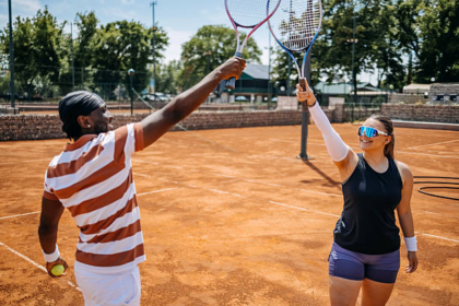 Player conserving superior tennis racket carrying overall performance tennis clothing on clay court docket